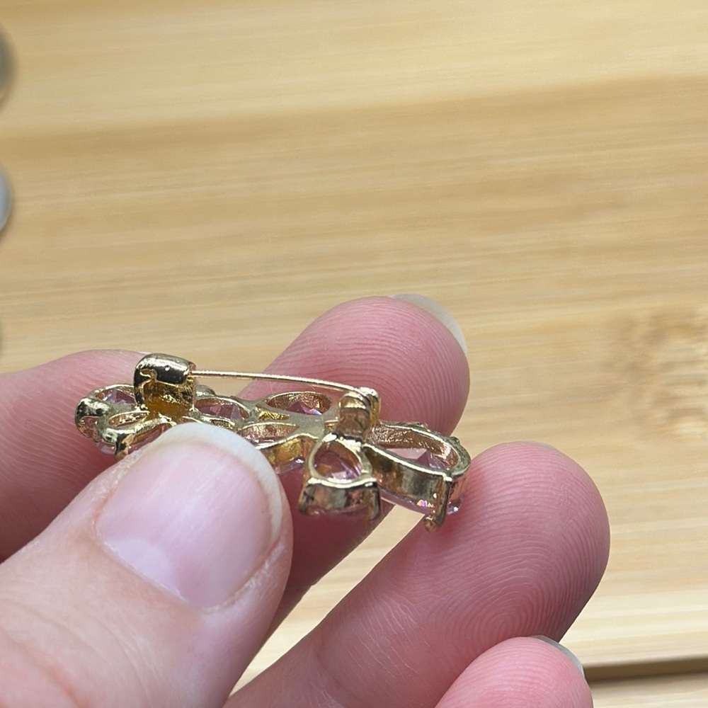 Pink and Gold Floral Brooch with Glass and Crystals 1 1/4” by 3/4” - Picture 3 of 3